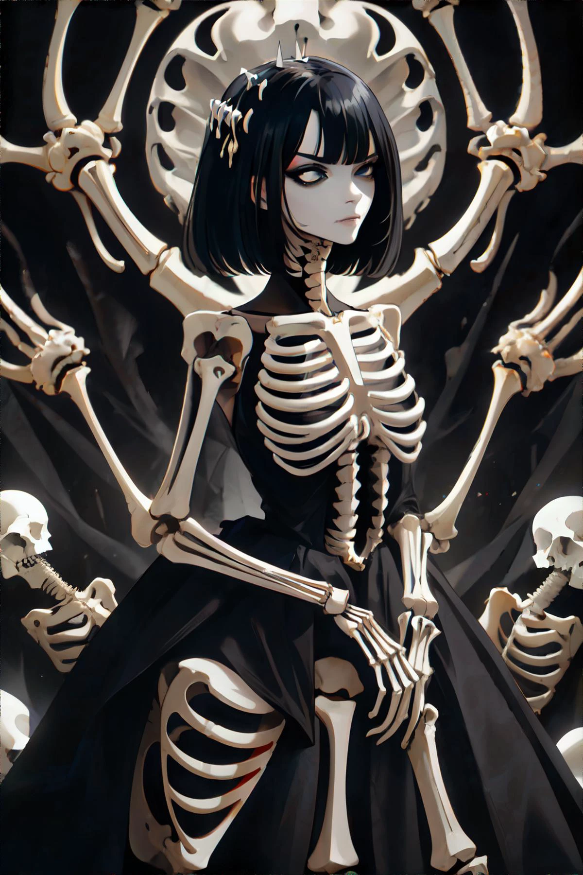 <lora:bonedress-EDG:0.75>, woman wearing edgBones, dress made of skeleton bones, very short black hair, black eyes, stern expression || fashion, portrait, skin, bone, hair, fabric, masterpiece, 8k, high resolution, shallow depth of field, sharp focus