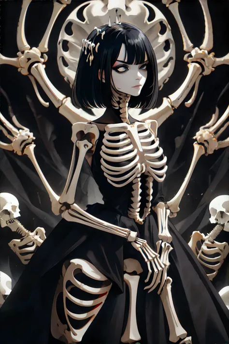 <lora:bonedress-EDG:0.75>, woman wearing edgBones, dress made of skeleton bones, very short black hair, black eyes, stern expression || fashion, portrait, skin, bone, hair, fabric, masterpiece, 8k, high resolution, shallow depth of field, sharp focus