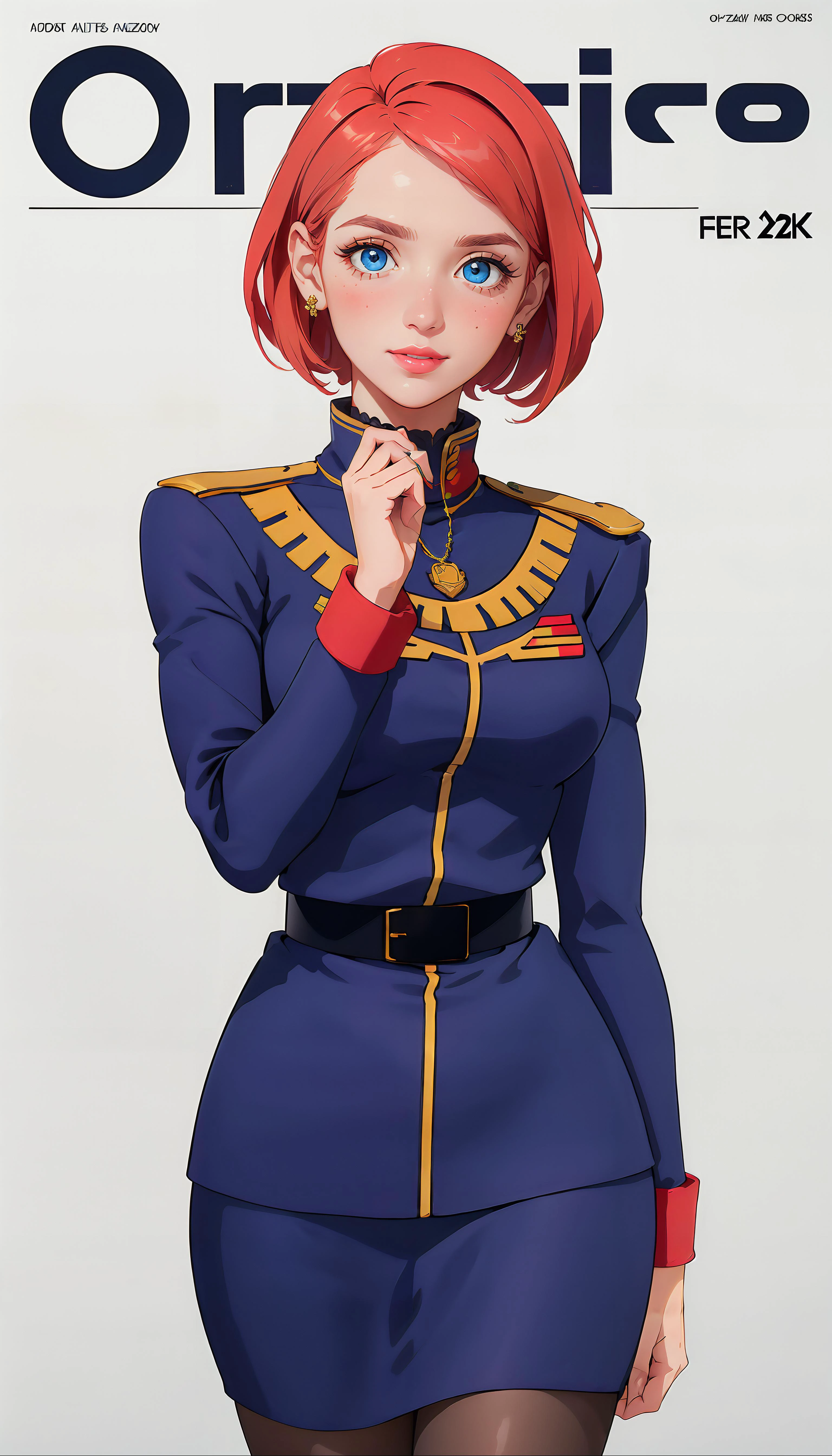 white background, simple background ADDCOMM
(masterpiece, realistic:1.3), (extremely intricate:1.2), (photorealistic:1.4), (extremely delicate), (ultra realistic:1.3), hyperrealistic photography, extremely detailed, edge quality, 8k resolution, UHD, HDR, RAW photo, dslr, realistic LUT, cinematic LUT, (best quality:1.3), absurdres, <lora:ostris_HDhelper_v10:0.1>, <lora:ostris_detailSlider_v40:1.1>, <lora:jujoHotaru_hyperrefiner_v090:1>, <lora:envy_betterhands_beta2:1.2>, ADDBASE,
extremely detailed magazine cover-style digital painting, (magazine cover-style:1.3), adding a touch of fantasy to the scene, the text on the cover should be bold and attention-grabbing, with the title of the magazine and a catchy headline, the overall style should be modern and trendy, with a focus on fashion and fantasy, helvetica-bold ADDROW
(pale skin, detailed skin:1.3, Glossy skin + Shiny skin:1.1, Bright_Front_face_Lighting), exquisite stud earrings, necklace, lace choker, gigantic breasts, perfect hands, perfect fingers, skinny body, fit body, slim, standing at attention, focus on face, official art, mugshot, close-up portrait, female pov, <lora:kisaku_mobileSuitGundamUCENGAGE_pecheMontagne_v10:0.7>, blue eyes, pink hair, bangs, short hair, blue uniform, gold epaulettes, long sleeves, military, military uniform, pantyhose, pencil skirt, turtleneck,