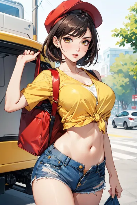 (masterpiece, best quality, hires, high resolution:1.2), (1girl, solo), (a sexy delivery girl), (mature woman), (expressive eyes, eyeleshes, eyeliner, eyeshadow), (midriff, navel), (red cap), (yellow shirt), (short jeans shorts), (unziped shorts), (panties visible), (open fly), (big square bag on her back), (cowboy shot),