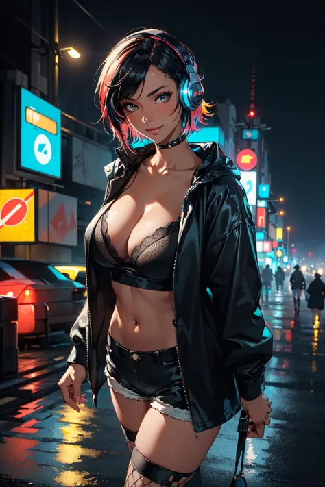 (masterpiece, best quality, hires, high resolution:1.2), (depth of field:1.2), (1girl, solo), (mature woman), (black skin, dark skin, ebony:1.4), (a sexy woman walking by the streets), (short multicolored hair:1.4), (huge natural breasts, midriff, navel, cleavage), (headphones), (yelow raincoat:1.2), (at night:1.4), (cyberpunk city:1.4), (rainning), neon lights, (short shorts:1.4), (fishnets, fishnet stockings), (open shirt), volumetric fog, (from above), (cowboy shot:1.4), (dark theme, moody lighting), (facing camera, looking at viewer), (smiling), <lora:epiNoiseOffset:0.8>,