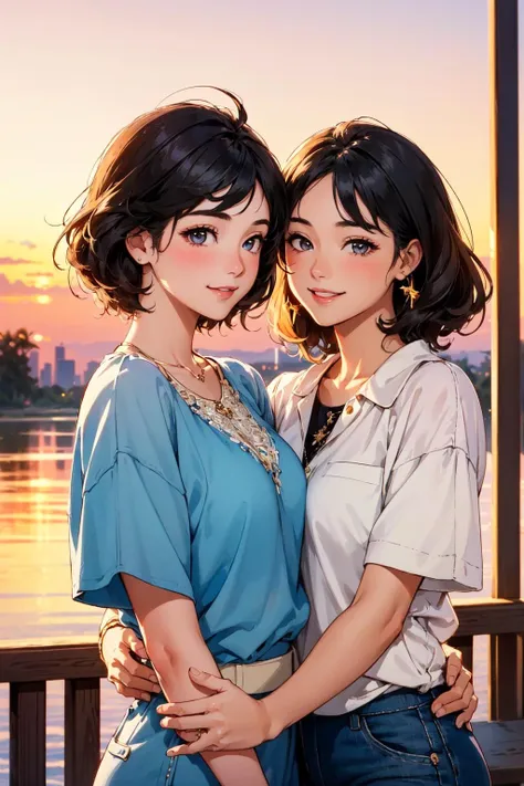 (masterpiece, best quality, hires, high resolution:1.2), (cute, adorable), (depth of field:1.2),  (2girls, couple), intricate detail, (mature women), nature, sunset, golden hour, warm glow, vaporwave, neon, 80s, hand on another's shoulder, casual outfit, smile, looking at another,