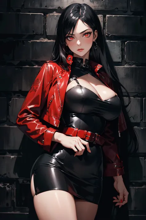 (masterpiece, best quality, hires, high resolution:1.2), (1girl, solo), (mature woman), (a sexy dangerous woman), (expressive eyes), (eyelashes, eyeliner, eyeshadow), serious expression, (long black straight hair:1.4), (huge breasts, cleavage), (red glowing eyes:1.2), (red leather jacket:1.4), (tight black leather dress:1.4), (ornate delicate leather dress), (straps, belts), lace stockings, (in a dark wall:1.4), (graffiti on the dark wall), (two tone lighting, dimly lit, moody lighting), (cowboy shot), (dark theme:1.4), (at night:1.4), <lora:epiNoiseOffset:0.6>,