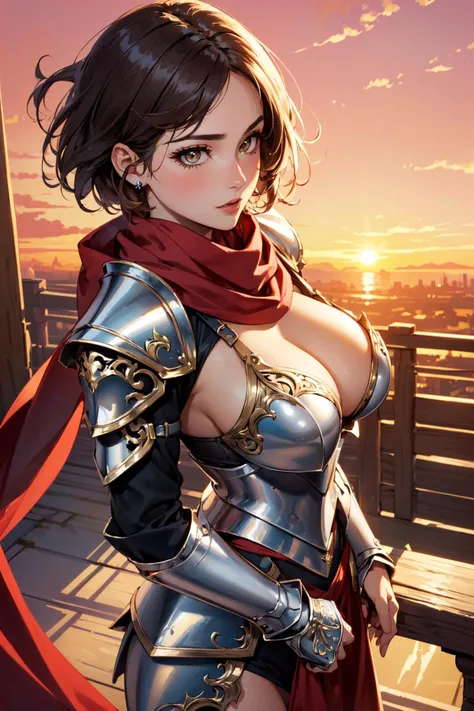 (masterpiece, best quality, hires, high resolution:1.2), (depth of field:1.2), (1girl, solo), (fantasy), (mature sexy woman), (a sexy female knight), (eyeliner, eyelashes, eyeshadow, glossy lips), (short messy hair:1.4), (windy hair), (gigantic breasts, cleavage), (ornate delicate armor:1.3), (full body armor), (long red scarf:1.4), golden hour, red sky, (at sunset:1.4), (dynamic pose), (cowboy shot:1.4), (from above),