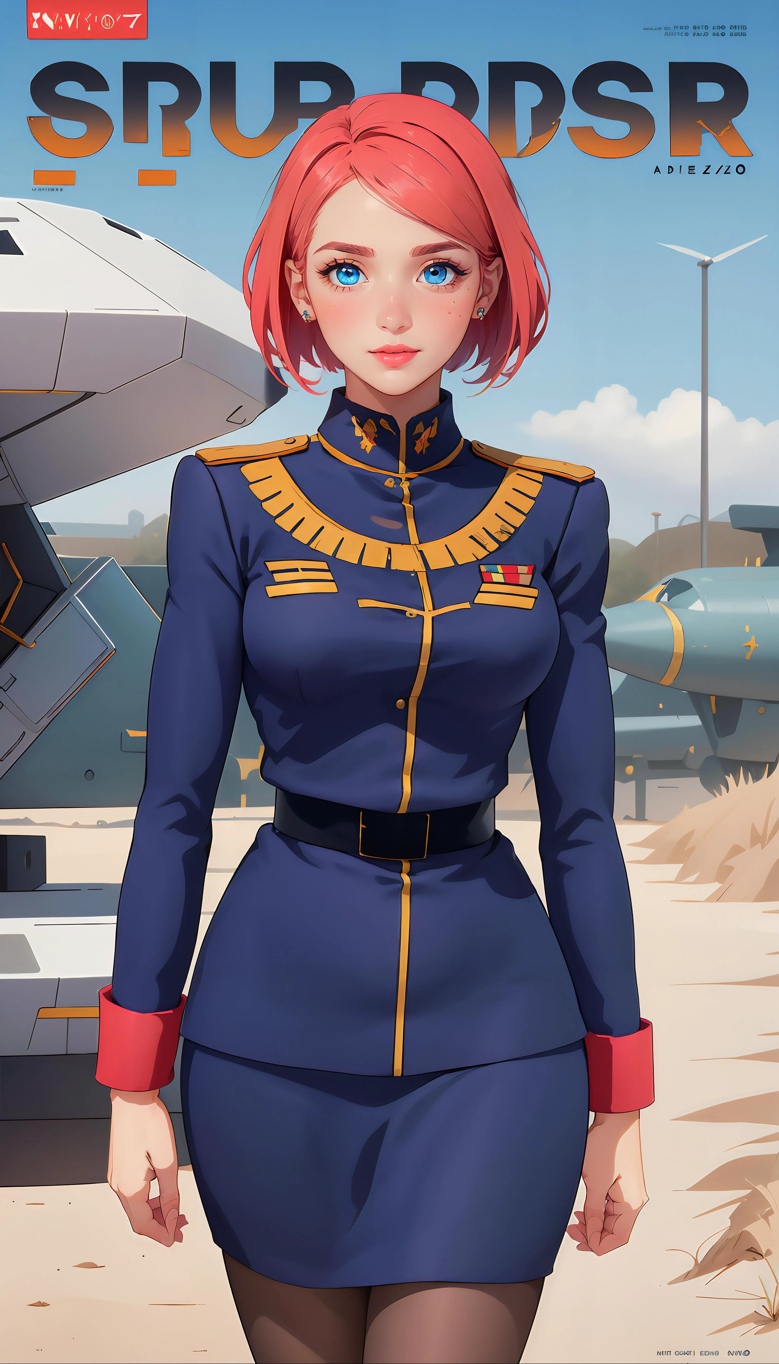 runWildcards_V10/Backgrounds-futuristic ADDCOMM
(masterpiece, realistic:1.3), (extremely intricate:1.2), (photorealistic:1.4), (extremely delicate), (ultra realistic:1.3), hyperrealistic photography, extremely detailed, edge quality, 8k resolution, UHD, HDR, RAW photo, dslr, realistic LUT, cinematic LUT, (best quality:1.3), absurdres, {cool POV | angled POV | epic POV | from above POV | from below POV}, <lora:ostris_HDhelper_v10:0.1>, <lora:ostris_detailSlider_v40:1.1>, <lora:jujoHotaru_hyperrefiner_v090:1>, <lora:envy_betterhands_beta2:1.2>, ADDBASE,
extremely detailed magazine cover-style digital painting, (magazine cover-style:1.3), adding a touch of fantasy to the scene, the text on the cover should be bold and attention-grabbing, with the title of the magazine and a catchy headline, the overall style should be modern and trendy, with a focus on fashion and fantasy, helvetica-bold ADDROW
(pale skin, detailed skin:1.3, Glossy skin + Shiny skin:1.1, Bright_Front_face_Lighting), exquisite stud earrings, necklace, lace choker, gigantic breasts, perfect hands, perfect fingers, runWildcards_V10/Pose-hand_gestures, skinny body, fit body, slim, narrow waist, narrow hip, slim legs, long legs, <lora:kisaku_mobileSuitGundamUCENGAGE_pecheMontagne_v10:0.7>, blue eyes, pink hair, bangs, short hair, blue uniform, gold epaulettes, long sleeves, military, military uniform, pantyhose, pencil skirt, turtleneck,