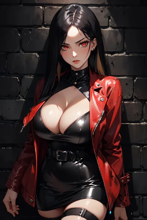 (masterpiece, best quality, hires, high resolution:1.2), (1girl, solo), (mature woman), (a sexy dangerous woman), (expressive eyes), (eyelashes, eyeliner, eyeshadow), serious expression, (long black straight hair:1.4), (huge breasts, cleavage), (red glowing eyes:1.2), (red leather jacket:1.4), (tight black leather dress:1.4), (ornate delicate leather dress), (straps, belts), lace stockings, (in a dark wall:1.4), (graffiti on the dark wall), (two tone lighting, dimly lit, moody lighting), (cowboy shot), (dark theme:1.4), (at night:1.4), <lora:epiNoiseOffset:0.6>,