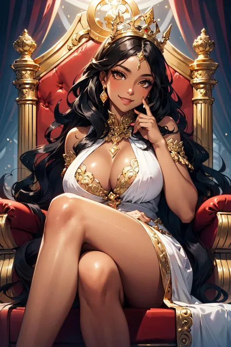 (masterpiece, best quality, hires, high resolution:1.2), (depth of field:1.2), (1girl, solo), (mature woman), (black skin, dark skin, ebony:1.4), (eyeshadow, eyelashes, eyeliner, glossy lips, full lips), (smiling), (long wavy hair:1.4), (gradient hair), (a sexy queen sitting on her throne), (gigantic breasts), (cleavage), (ornate delicate white dress), legs crossed, (big luxurious throne), (golden and red throne:1.2), (at castle hall),