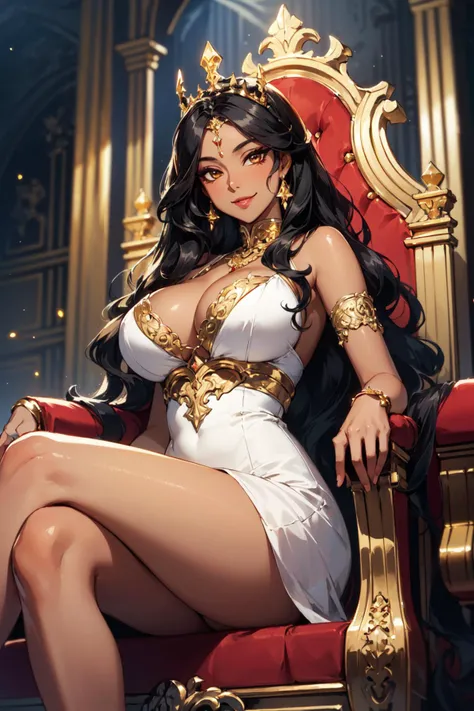 (masterpiece, best quality, hires, high resolution:1.2), (depth of field:1.2), (1girl, solo), (mature woman), (black skin, dark skin, ebony:1.4), (eyeshadow, eyelashes, eyeliner, glossy lips, full lips), (smiling), (long wavy hair:1.4), (gradient hair), (a sexy queen sitting on her throne), (gigantic breasts), (cleavage), (ornate delicate white dress), legs crossed, (big luxurious throne), (golden and red throne:1.2), (at castle hall),