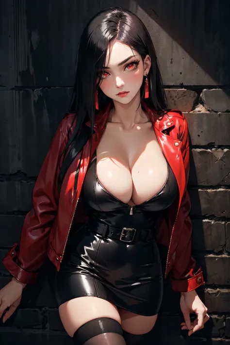 (masterpiece, best quality, hires, high resolution:1.2), (cute, adorable), (depth of field:1.2), (1girl, solo), (mature woman), (a sexy dangerous woman), (expressive eyes), (eyelashes, eyeliner, eyeshadow), serious expression, (long black straight hair:1.4), (huge breasts, cleavage), (red glowing eyes:1.2), (red leather jacket:1.4), (tight black leather dress:1.4), (ornate delicate leather dress), (straps, belts), lace stockings, (in a dark wall:1.4), (graffiti on the dark wall), (two tone lighting, dimly lit, moody lighting), (cowboy shot), (dark theme:1.4), (at night:1.4), <lora:epiNoiseOffset:0.6>,