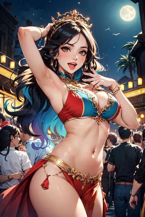 (masterpiece, best quality, hires, high resolution:1.2), (depth of field:1.2), (1girl, solo), (mature woman), (a sexy dancer:1.4), (eyeshadow, eyelashes, eyeliner, glossy lips, full lips), (happy, laughing loudly, open mouth), (long colorful wavy hair:1.2), (gigantic breasts), (midriff, navel), belly button piercing, (ornate delicate dancer cloathes), (colorful cloathes:1.4), (at club:1.4), (dark theme), (at night:1.4), (surrounded by people, people watching), flowers, flowers on head, (crowd:1.4), (cowboy shot),