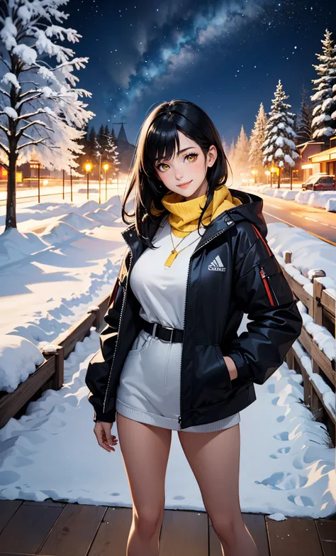 1girl, black hair, tanned, giant breasts, yellow eyes, night sky, winter, snow falling, standing, wooden floor, looking at viewer, smile, jacket,