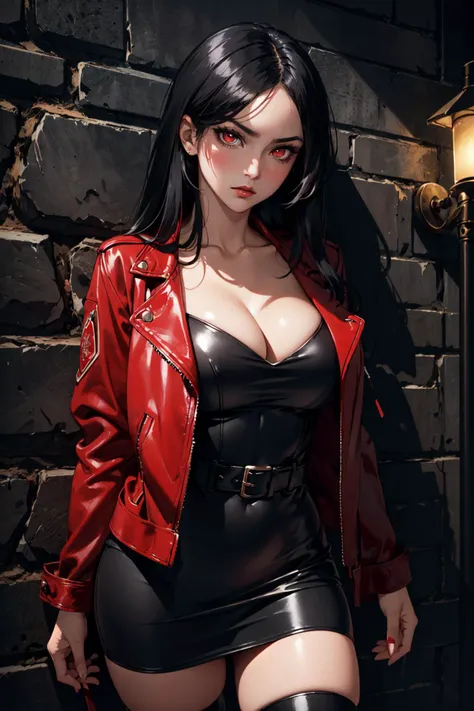 (masterpiece, best quality, hires, high resolution:1.2), (1girl, solo), (mature woman), (a sexy dangerous woman), (expressive eyes), (eyelashes, eyeliner, eyeshadow), serious expression, (long black straight hair:1.4), (huge breasts, cleavage), (red glowing eyes:1.2), (red leather jacket:1.4), (tight black leather dress:1.4), (ornate delicate leather dress), (straps, belts), lace stockings, (in a dark wall:1.4), (graffiti on the dark wall), (two tone lighting, dimly lit, moody lighting), (cowboy shot), (dark theme:1.4), (at night:1.4), <lora:epiNoiseOffset:0.6>,