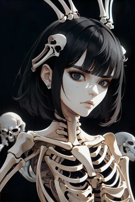 <lora:bonedress-EDG:0.75>, woman wearing edgBones, dress made of skeleton bones, very short black hair, black eyes, stern expression || portrait, skeleton, skin, bones, hair, masterpiece, 8k, high resolution, shallow depth of field, sharp focus