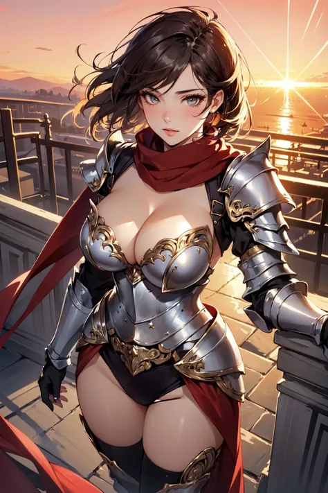 (masterpiece, best quality, hires, high resolution:1.2), (depth of field:1.2), (1girl, solo), (fantasy), (mature sexy woman), (a sexy female knight), (eyeliner, eyelashes, eyeshadow, glossy lips), (short messy hair:1.4), (windy hair), (gigantic breasts, cleavage), (ornate delicate armor:1.3), (full body armor), (long red scarf:1.4), golden hour, red sky, (at sunset:1.4), (dynamic pose), (cowboy shot:1.4), (from above),