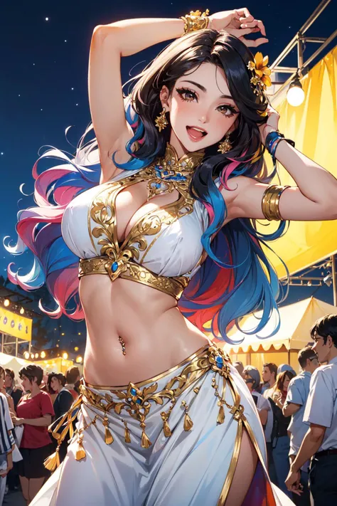 (masterpiece, best quality, hires, high resolution:1.2), (depth of field:1.2), (1girl, solo), (mature woman), (a sexy dancer:1.4), (eyeshadow, eyelashes, eyeliner, glossy lips, full lips), (happy, laughing loudly, open mouth), (long colorful wavy hair:1.2), (gigantic breasts), (midriff, navel), belly button piercing, (ornate delicate dancer cloathes), (colorful cloathes:1.4), (at festival:1.4), (dark theme), (at night:1.4), (surrounded by people, people watching), flowers, flowers on head, (crowd:1.4), (cowboy shot),