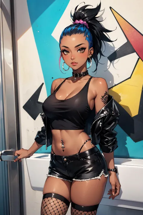 (masterpiece, best quality:1.4), (cute, adorable), (1girl, solo), (black skin, dark skin, ebony:1.4), (a sexy punk rock chick), (eyelashes, eyeshadow, eyeliner), (full lips), (mohawk colorful hair), (natural breasts), tattooed arms, piercings, (black leather jacket), (white tanktop), (black short shorts), (fishnet stockings), (public bathroom:1.4), (tiolet), graffiti on walls, (cowboy shot:1.4),