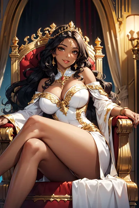 (masterpiece, best quality, hires, high resolution:1.2), (depth of field:1.2), (1girl, solo), (mature woman), (black skin, dark skin, ebony:1.4), (eyeshadow, eyelashes, eyeliner, glossy lips, full lips), (smiling), (long wavy hair:1.4), (gradient hair), (a sexy queen sitting on her throne), (gigantic breasts), (cleavage), (ornate delicate white dress), legs crossed, (big luxurious throne), (golden and red throne:1.2), (at castle hall),