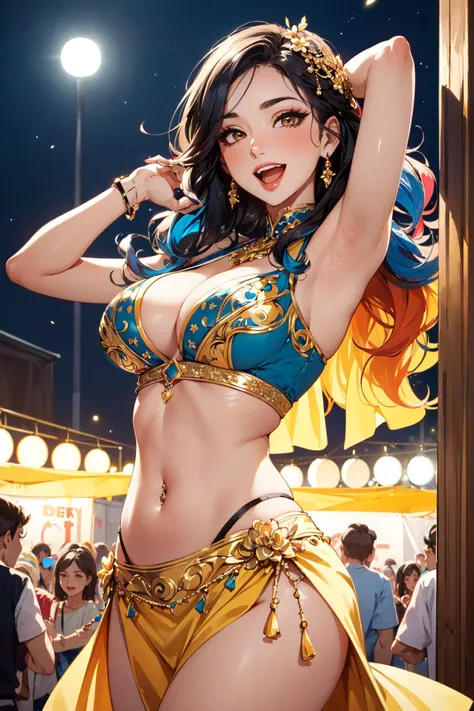 (masterpiece, best quality, hires, high resolution:1.2), (depth of field:1.2), (1girl, solo), (mature woman), (a sexy dancer:1.4), (eyeshadow, eyelashes, eyeliner, glossy lips, full lips), (happy, laughing loudly, open mouth), (long colorful wavy hair:1.2), (gigantic breasts), (midriff, navel), belly button piercing, (ornate delicate dancer cloathes), (colorful cloathes:1.4), (at festival:1.4), (dark theme), (at night:1.4), (surrounded by people, people watching), flowers, flowers on head, (crowd:1.4), (cowboy shot),