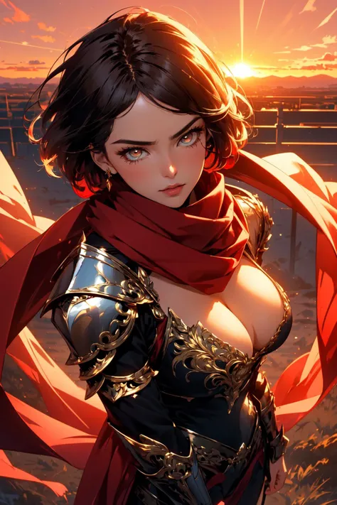 (masterpiece, best quality, hires, high resolution:1.2), (depth of field:1.2), (1girl, solo), (fantasy), (mature sexy woman), (a sexy female knight), (eyeliner, eyelashes, eyeshadow, glossy lips), (short messy hair:1.4), (windy hair), (gigantic breasts, cleavage), (ornate delicate armor:1.3), (full body armor), (long red scarf:1.4), golden hour, red sky, (at sunset:1.4), (dynamic pose), (cowboy shot:1.4), (from above), <lora:RageUnleashed:0.6>, r1ge,