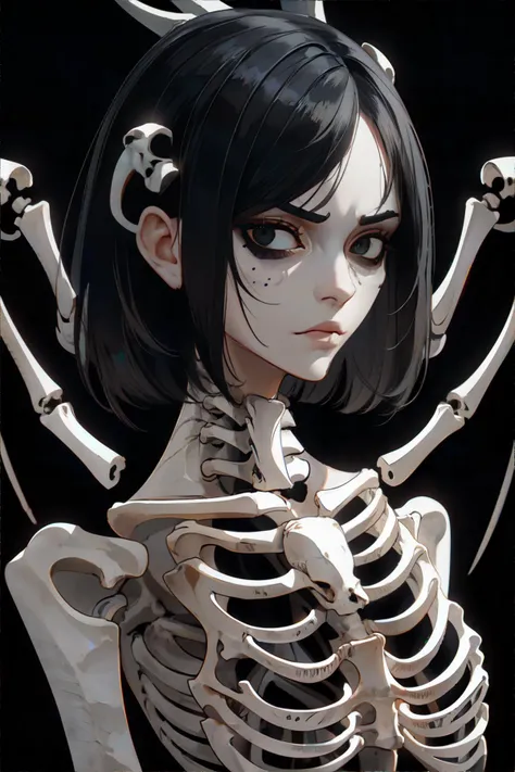<lora:bonedress-EDG:0.75>, woman wearing edgBones, dress made of skeleton bones, very short black hair, black eyes, stern expression || portrait, skeleton, skin, bones, hair, masterpiece, 8k, high resolution, shallow depth of field, sharp focus
