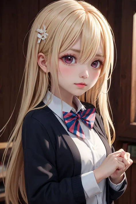 1girl,cute,kawaii,(blush),
blonde hair,long hair,hair between eyes,red eyes,
school uniform,black cardigan,white shirt,collared shirt,long sleeves,blue bowtie,striped bowtie,
<lora:LiAmaV1:0.6>,upper_body,