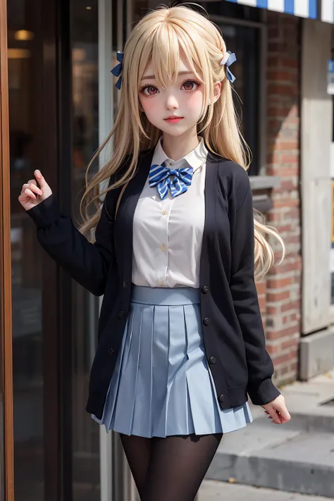 1girl,cute,kawaii,(blush),
blonde hair,long hair,hair between eyes,red eyes,
school uniform,black cardigan,white shirt,collared shirt,long sleeves,blue bowtie,striped bowtie,grey skirt,pleated skirt,black pantyhose,brown footwear,loafers,
<lora:LiAmaV1:0.5>,upper_body,