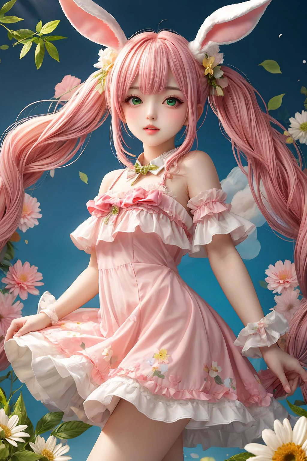 1girl,<lora:more_details:0.6>,twintail,pink hair,green eyes,solo,parted lips,flower,bunny girl,