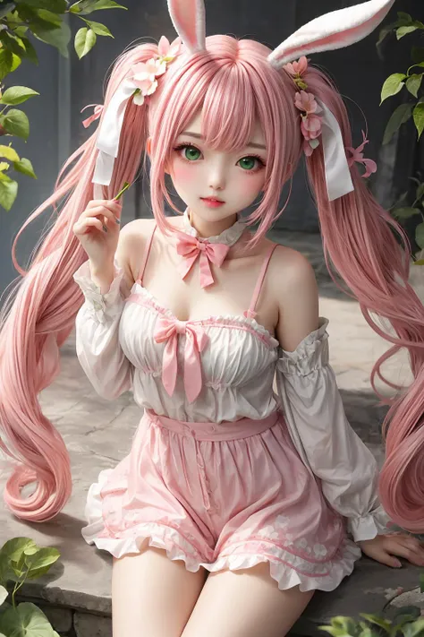 1girl,<lora:more_details:0.6>,twintail,pink hair,green eyes,solo,parted lips,flower,bunny girl,