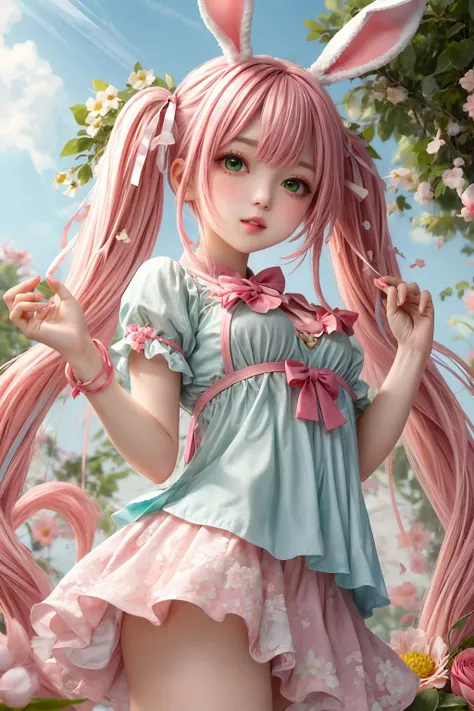 1girl,<lora:more_details:0.6>,twintail,pink hair,green eyes,solo,parted lips,flower,bunny girl,