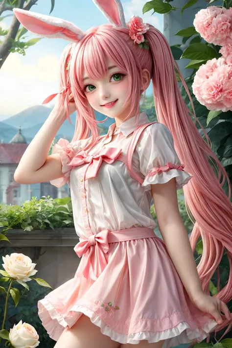 1girl,<lora:more_details:0.6>,twintail,pink hair,green eyes,solo,smile,parted lips,flower,bunny girl,