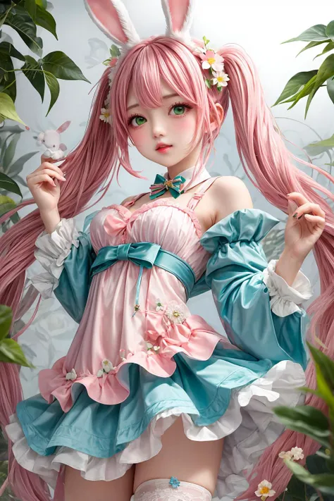 1girl,<lora:more_details:0.6>,twintail,pink hair,green eyes,solo,parted lips,flower,bunny girl,