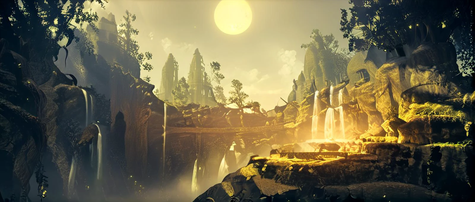 score_9, score_8_up, score_7_up, score_6_up, score_5_up, score_4_up, <lora:nier_automata_scenery:1.0> nierscene, scenery, sharp, detailed, mysterious, landscape, disembodied entities, forest, mucus, waterfall, midnight, moon, dark yellow theme, light particles, cinematic lighting <lora:add-detail-xl:1.5> <lora:xl_more_art-full_v1:1>