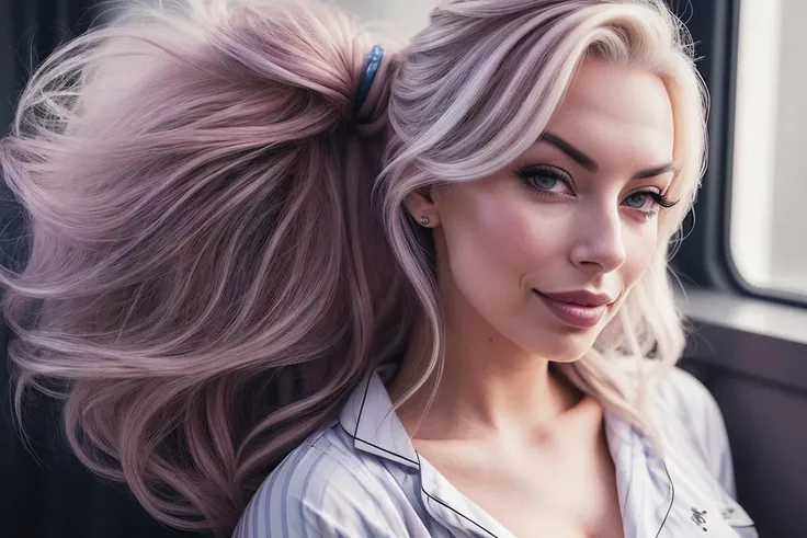 photo of beautiful (cubb1:0.99), a woman in a (cosmic:1.1), perfect hair, hair upsweep updo, wearing (pajamas:1.2), modelshoot style, (extremely detailed CG unity 8k wallpaper), professional majestic (photography by  irving penn:1.1), (Nikon F2 Camera), 24mm, exposure blend, hdr, faded, extremely intricate, High Detail, Sharp focus, dramatic, soft cinematic light, (looking at viewer), (detailed pupils), cute smile, 24mm, 4k textures, soft cinematic light, adobe lightroom, photolab, elegant, ((((cinematic look)))), soothing tones, insane details, hyperdetailed, low contrast, (sexy)