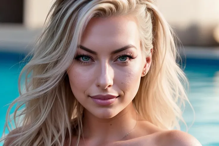 photo of beautiful (cubb1:0.99), a woman in a (poolside:1.1), perfect hair, hair upsweep updo, wearing (luxury fashion:1.2), modelshoot style, (extremely detailed CG unity 8k wallpaper), professional majestic (photography by nan goldin:1.1), (Nikon Z5 Mirrorless Camera), 24mm, exposure blend, hdr, faded, extremely intricate, High Detail, Sharp focus, dramatic, soft cinematic light, (looking at viewer), (detailed pupils), cute smile, 24mm, 4k textures, soft cinematic light, adobe lightroom, photolab, elegant, ((((cinematic look)))), soothing tones, insane details, hyperdetailed, low contrast, (sexy)