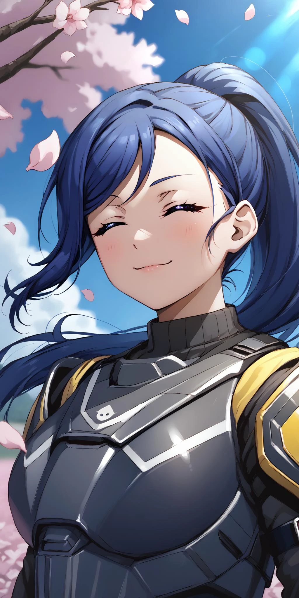 (cherry blossom petals,wind:1.12),(upper body:1.2),<lora:HelldiversXL:1> ,score_9, score_8_up, score_7_up, score_6_up, score_5_up, score_4_up, source_anime, helldiver, 1girls, battle armor, matsuura kanan, love live!, blue hair, purple eyes, long hair, ponytail, skirt,thighboots, cowboy shot, helmet removed, light smile,(happy),looking Up, blue sky, (closed eyes:1.1), <lora:LLChar_Pony_Aq:0.8>,