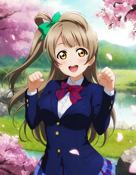 <lora:LLChar_Pony:0.8>
(score_9, score_8_up, score_7_up:1.2), source_anime, 1girl, (looking at viewer, upper body) BREAK
(minami kotori), love live!, long hair, one side up, hair bow BREAK
amber eyes, big pupils, medium breasts, narrow waist, lips, blush, smile, open mouth, :d, paw pose BREAK
winter school uniform, dark blue blazer, long sleeves, otonokizaka school uniform BREAK
(red bowtie:1.2), striped bowtie BREAK
cherry blossoms, falling petals, blue butterfly, blue sky, river, scenery BREAK
(masterpiece, absurdres:1.2), perfect anatomy, perfect lighting, cinematic light, light particles, (depth of field, blurry background:1.2), lens flare, sunbeam