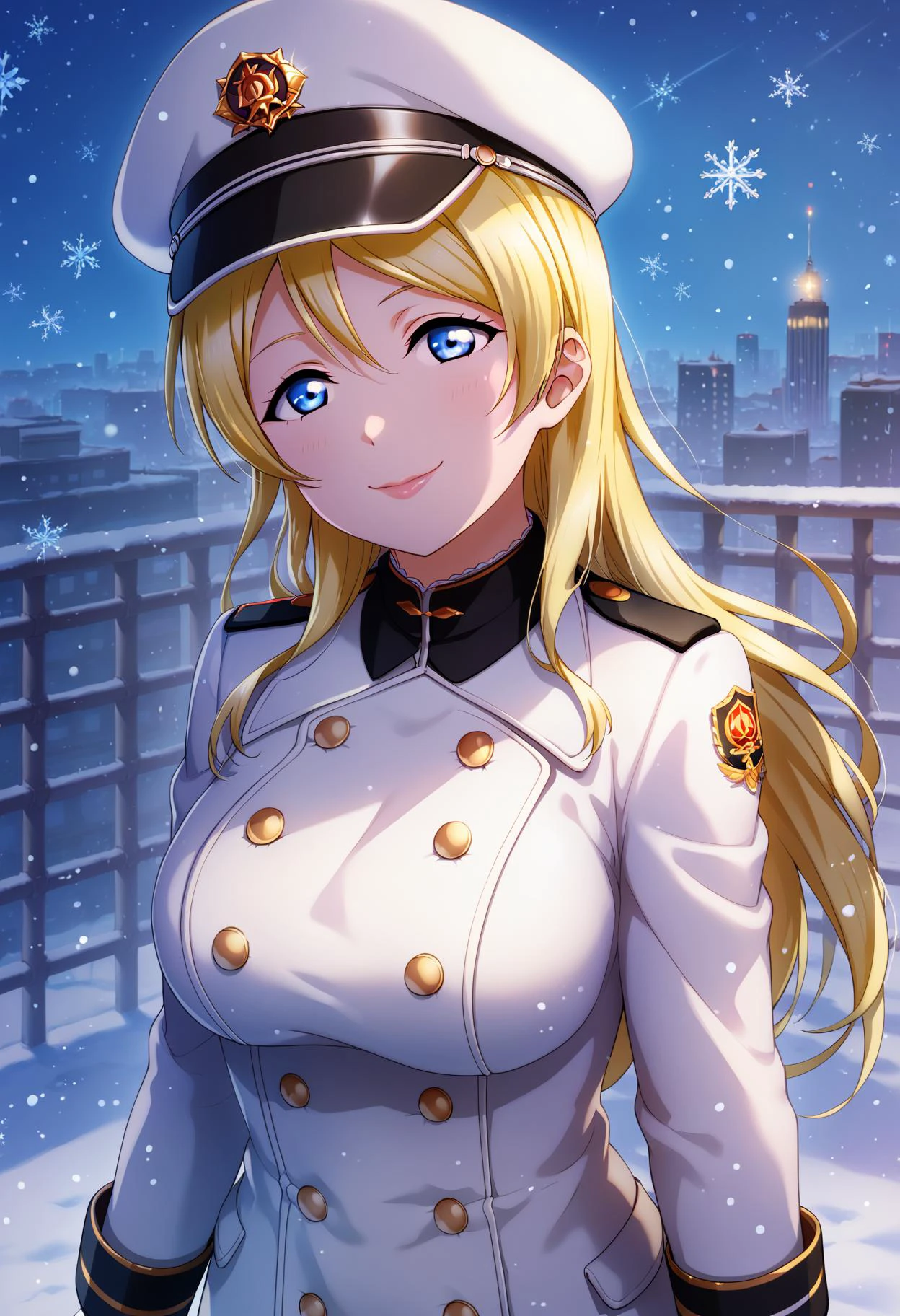 score_9, score_8_up, score_7_up, score_6_up, source_anime,
1girl,
ayase eli, love live!,
blonde hair, blue eyes, hair down, long hair, large breasts, winter clothing, white military jacket, gloves, night, outdoor, arms at sides, solo, winter, outdoors, snowflakes, upper body, hat, cityscape, building, peaked cap, long sleeves, jacket, buttons, military uniform, head tilt, smile, white gloves, alternate hairstyle, military, snow, eyelashes, looking at viewer, tsurime, double-breasted, uniform, hair between eyes, lips, white headwear, closed mouth
<lora:LLChar_Pony:0.8>
