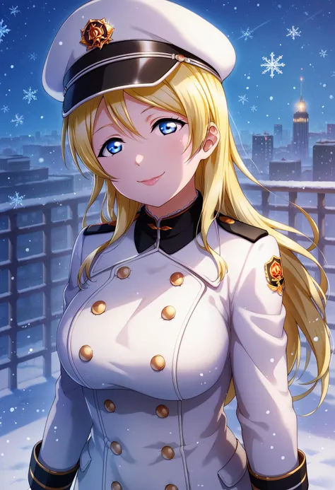 score_9, score_8_up, score_7_up, score_6_up, source_anime,
1girl, 
ayase eli, love live!, 
blonde hair, blue eyes, hair down, long hair, large breasts, winter clothing, white military jacket, gloves, night, outdoor, arms at sides, solo, winter, outdoors, snowflakes, upper body, hat, cityscape, building, peaked cap, long sleeves, jacket, buttons, military uniform, head tilt, smile, white gloves, alternate hairstyle, military, snow, eyelashes, looking at viewer, tsurime, double-breasted, uniform, hair between eyes, lips, white headwear, closed mouth
 <lora:LLChar_Pony:0.8>