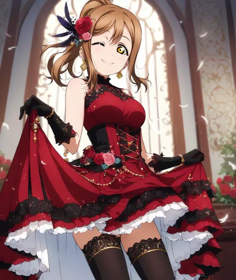 kunikida hanamaru, love live!, brown hair, yellow eyes, medium hair, bangs, medium breasts, gloves, thighhighs, one eye closed, smile, dress, flower, ponytail, black gloves, hair ornament, feathers, red dress, looking at viewer, rose, long hair, skirt hold, hair flower, holding, black thighhighs, earrings, bare shoulders, ;\), jewelry, red flower
BREAK
score_9, score_8_up, score_7_up, score_6_up, source_anime <lora:LLChar_Pony_Aq-000020:0.8>