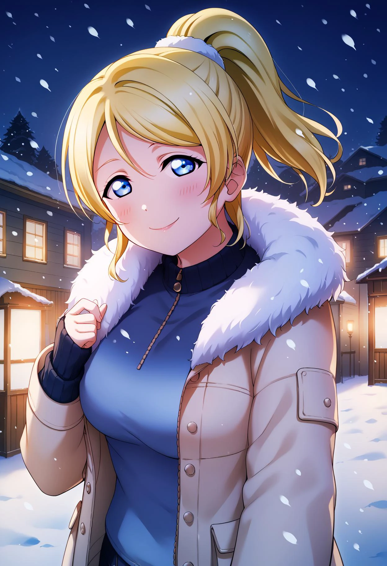 score_9, score_8_up, score_7_up, score_6_up, source_anime,
1girl,
ayase eli, love live!,
blonde hair, blue eyes, ponytail, medium hair, large breasts, winter clothing, night, outdoor, fur trim, snow, solo, looking at viewer, jacket, blush, long sleeves, smile, fur-trimmed jacket, snowing, hair between eyes
<lora:LLChar_Pony:0.8>