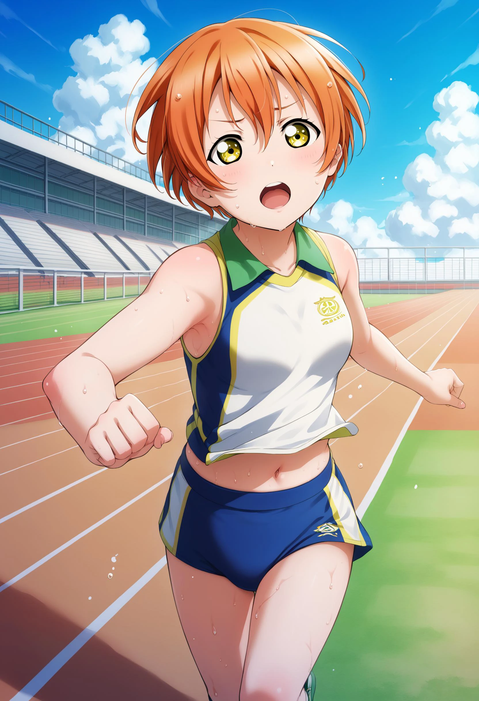 score_9, score_8_up, score_7_up, score_6_up, source_anime,
1girl,
hoshizora rin, love live!,
orange hair, yellow eyes, short hair, small breasts, sportswear, running track, outdoor, day, navel, outdoors, track uniform, sky, open mouth, midriff, solo, race bib, track and field, buruma, sweat, blue sky, cloud, hair between eyes
<lora:LLChar_Pony:0.8>
