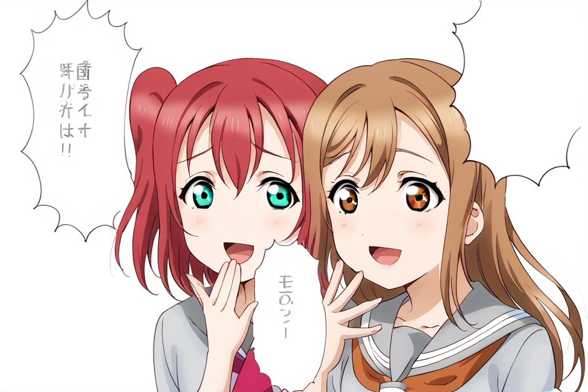 score_9, score_6_up, score_5_up, score_4_up, source_anime, masterpiece, best quality, hires,2D,love live!,big_head,glossy skin,
2girls, smile, ezmode, hand up, speech bubble, white background, red neckerchief,grey serafuku,
BREAK,
kurosawa ruby,two side up,aqua eyes,red hair,(uranohoshi school uniform:1.2), <lora:LLChar_Pony_Aq:1.0>, <lora:ezmodev1:1.0>,
BREAK,
kunikida hanamaru,brown eyes,brown hair, long hair,(uranohoshi school uniform:1.2),