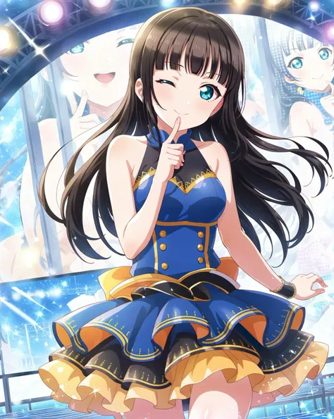 score_9, score_6_up, score_5_up, score_4_up, source_anime, masterpiece, best quality, hires,2D,love live!,big_head,glossy skin,
sparkle,idol stage,stage lights, audience,
(kurosawa dia:1.2),medium breasts,long hair, black hair,mole,aqua eyes, blunt bangs,one eye closed, smile,finger to mouth,
1girl,solo,idol,idol_dress,excited,cowboy shot,dutch angle,bare shoulders,summer, <lora:LLChar_Pony_Aq:0.8>,