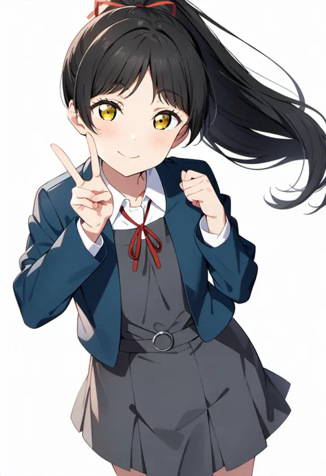 masterpiece, best quality, very aesthetic, absurdres,4K,
1girl, hazuki ren, love live!,<lora:LLChar_Pony_Liella:0.7>
yellow eyes,
bangs, black hair, long hair, high ponytail, bangs, (((center-parted bangs))), hair ribbon,
school uniform, yuigaoka school uniform,
winter uniform, ((collarless_jacket)), blue jacket, open jacket,
shirt, white shirt, collared shirt,
grey dress, pinafore dress,
red ribbon, ribbon, neck ribbon,
solo, smile, standing, v,
from front, cowboy shot, feet_out_of_frame,
simple background, (white background:1.8),