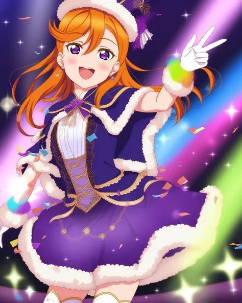 love live!, 1girl, shibuya kanon, orange hair, purple eyes, long hair, hair between eyes, young, skinny,
hat, sparkle, concert, stadion, fur-trimmed gloves, fur trim, thighhighs, capelet, gloves, earrings, dress, white gloves, purple dress, blush, looking at viewer, open mouth, smile, :d, idol, jewelry, confetti, stage, shiny, glowstick, v, 
BREAK
score_9, score_8_up, source_anime <lora:LLChar_Pony_Liella-000025:0.7>, love live!