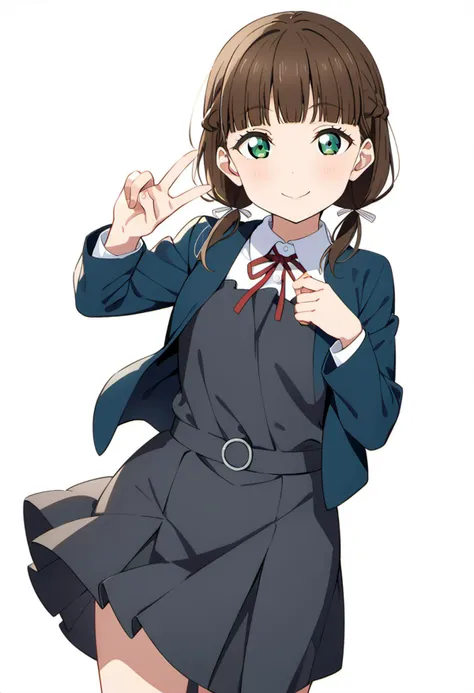 masterpiece, best quality, very aesthetic, absurdres,4K,
<lora:perfection style:0.3><lora:detailed:0.3> perfect,
1girl, sakurakouji kinako,  love live!,<lora:LLChar_Pony_Liella:0.7>
green eyes, 
brown hair, bangs, twintails, low twintails, long hair, braid, blunt bangs, 
school uniform, yuigaoka school uniform,
winter uniform, ((collarless_jacket)), blue jacket, open jacket,
shirt, white shirt, collared shirt,
grey dress, pinafore dress,
red ribbon, ribbon, neck ribbon,
solo, smile, standing, v,
from front, cowboy shot, feet_out_of_frame,
simple background, (white background:1.8),