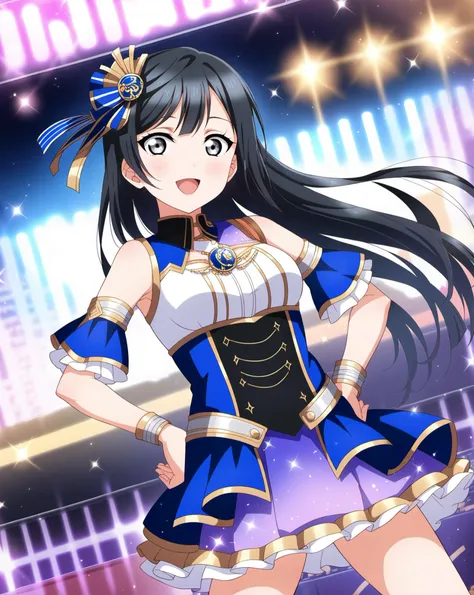 score_9, score_6_up, score_5_up, score_4_up, source_anime, masterpiece, best quality, hires,2D,love live!,big_head,glossy skin,
sparkle,idol stage,stage lights, audience,
yuuki setsuna, black hair, grey eyes, long hair, bangs, sidelocks, medium breasts,
1girl,solo,idol,idol_dress,hands on own hips,excited,cowboy shot,dutch angle, <lora:LLChar_Pony_Niji:0.8>