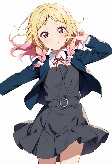 masterpiece, best quality, very aesthetic, absurdres,
1girl, onitsuka natsumi,  love live!,<lora:LLChar_Pony_Liella:0.7>
pink eyes,red eyes,
((long back hair)), gradient hair,pink hair, blonde hair, multicolored hair, Twin Side Braids,  parted bangs,
school uniform, yuigaoka school uniform,
winter uniform, ((collarless_jacket)), blue jacket, open jacket,
shirt, white shirt, collared shirt,
grey dress, pinafore dress,
red ribbon, ribbon, neck ribbon,
solo, smile, standing, v,
from front, cowboy shot, feet_out_of_frame,
simple background, (white background:1.8),