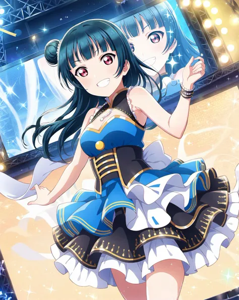 score_9, score_6_up, score_5_up, score_4_up, source_anime, masterpiece, best quality, hires,2D,love live!,big_head,glossy skin,
sparkle,idol stage,stage lights, audience,
tsushima yoshiko,medium breasts,long hair,single hair bun,grin,
1girl,solo,idol,idol_dress,excited,cowboy shot,dutch angle,bare shoulders,summer, <lora:LLChar_Pony_Aq:0.8>,
