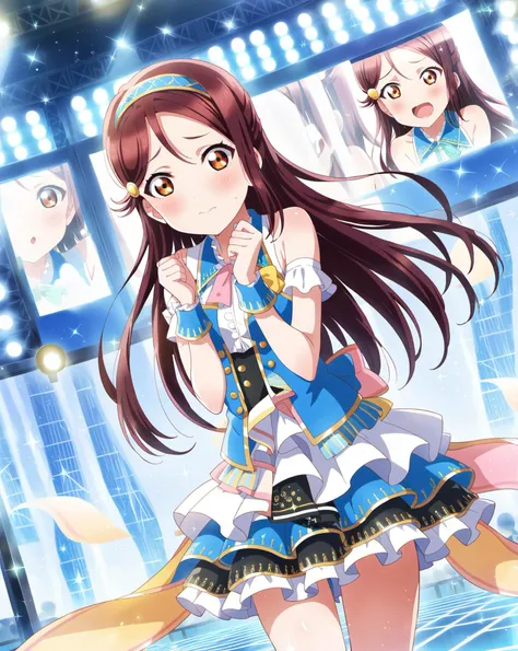 score_9, score_6_up, score_5_up, score_4_up, source_anime, masterpiece, best quality, hires,2D,love live!,big_head,glossy skin,
sparkle,idol stage,stage lights, audience,
sakurauchi riko,small breasts,embarrassed,long hair,
1girl,solo,idol,idol_dress,excited,cowboy shot,dutch angle,bare shoulders,summer, <lora:LLChar_Pony_Aq:0.8>,